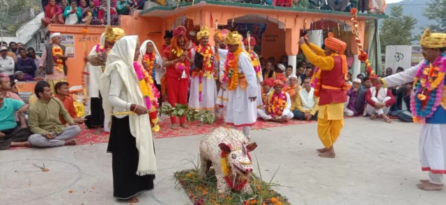 Crowd of visitors to watch the staging of rhinoceros slaughter on the seventh day of Pandava dance in Simli (Badhan)