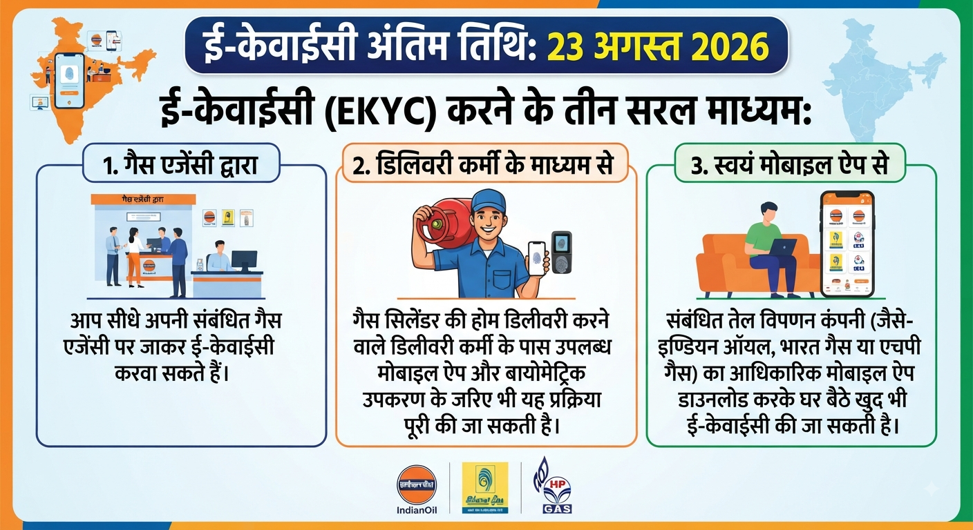 गैस कनेक्शनों की ई-केवाईसी (EKYC) के लिए अंतिम मौका: 23 अगस्त, जल्दी करें वरना महंगी मिलेगी गैस
